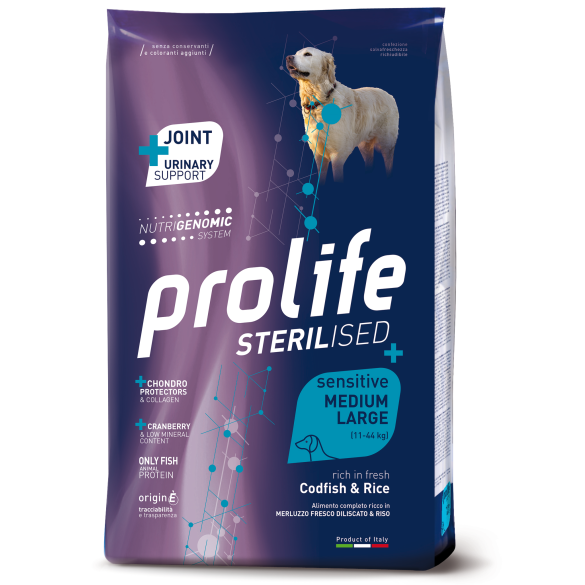 Cane - Medium/Large Sterilised Merluzzo e Riso Prolife 10 Kg