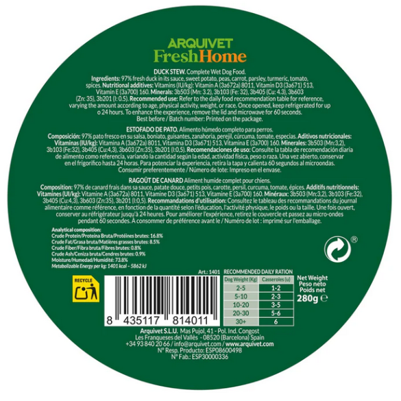 Umido Cane - Stufato Anatra 280 gr Arquivet Fresh