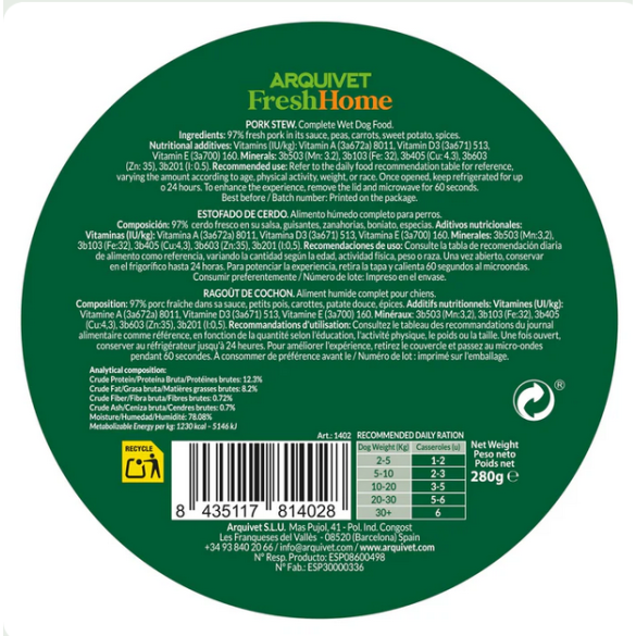 Umido Cane - Stufato maiale 280 gr Arquivet Fresh