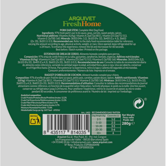 Umido Cane - Stufato orecchie di maiale 280 gr Arquivet Fresh