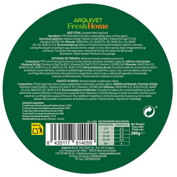 Umido Cane - Stufato manzo 280 gr Arquivet Fresh