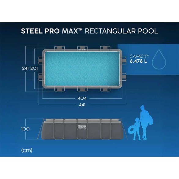 Piscina Bestway Rettangolare Power Steel Frame Colore Grigio Scuro 4.04x2.01x1 M