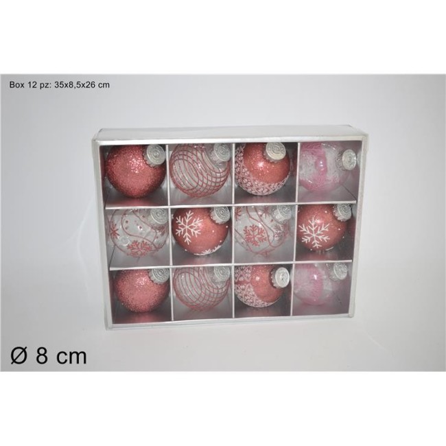 Box Formato Da 12 Palline Rosa Con Inserti Bianchi DUEESSE CHRISTMAS