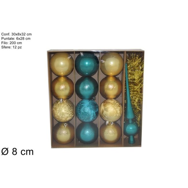 Box Formato da 12 Palline + 1 Puntale Verde & Oro DUEESSE CHRISTMAS