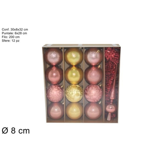 Box Formato da 12 Palline + 1 Puntale Rosa & Oro DUEESSE CHRISTMAS