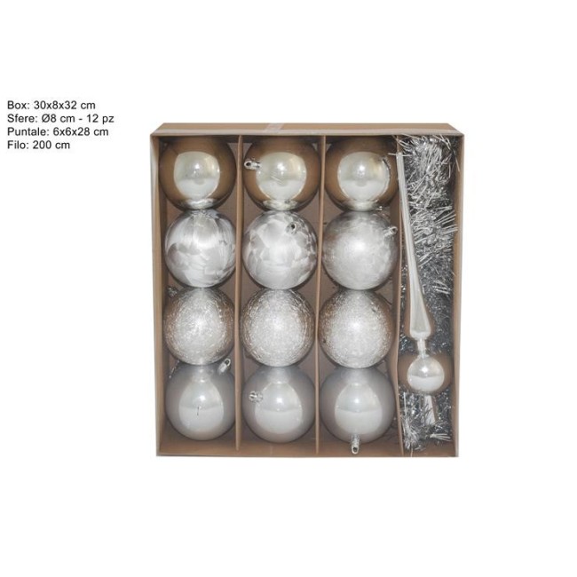 Box Formato da 12 Palline + 1 Puntale Argento DUEESSE CHRISTMAS