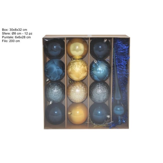 Box Formato da 12 Palline + 1 Puntale Blu-Oro DUEESSE CHRISTMAS