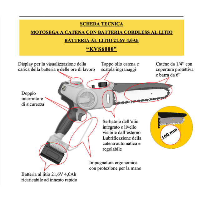 Potatore Tagliarami a Catena con 2 Batterie KVS6000 Volpi