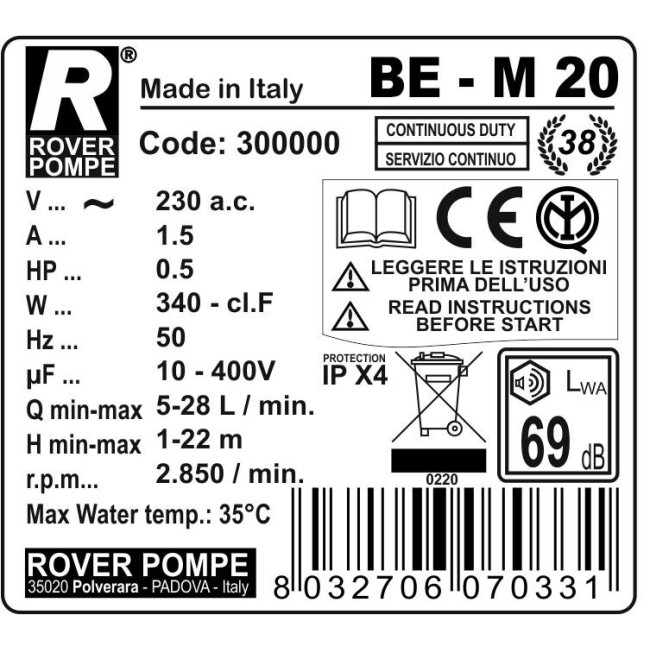 Elettropompa per Travaso Liquidi Autoaspirante BE-M20 Rover