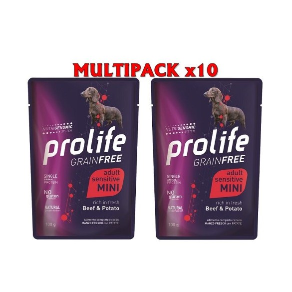 Prolife Grain Free Adult Sensitive Manzo & Patate - Mini Bustine da 100 gr. in confezione da 10 pezzi