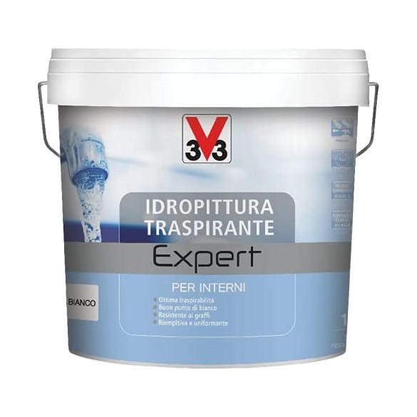 V33 Idropittura Traspirante Expert per Interni, Pittura Universale Bianca (4 Lt)