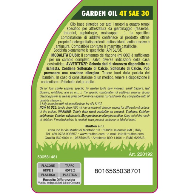 Olio Garden Sintentico 4T 600 ML Rhutten