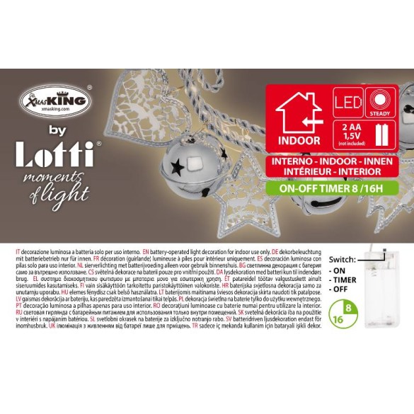 Decorazione Catena Argento Campanelle Stelle Alberi Cuori 36 Microled Bianco Caldo 1,5mm LOTTI