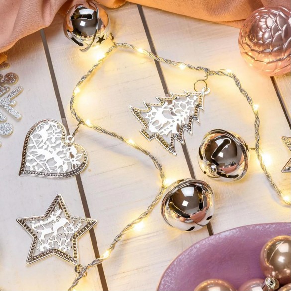 Decorazione Catena Argento Campanelle Stelle Alberi Cuori 36 Microled Bianco Caldo 1,5mm LOTTI