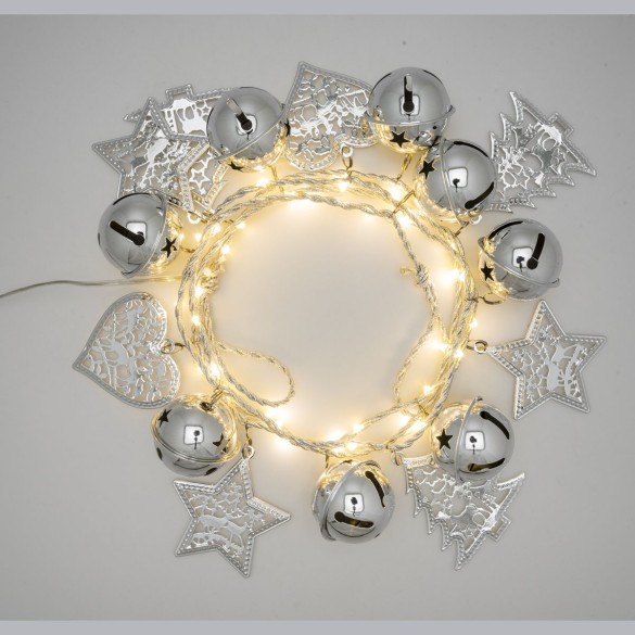 Decorazione Catena Argento Campanelle Stelle Alberi Cuori 36 Microled Bianco Caldo 1,5mm LOTTI