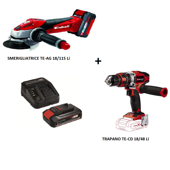 Kit Trapano a Batteria TE-CD 18/48 + Smerigliatrice TE-AG 18/115 T + 2 Batterie + 2 Carica Batteria Einhell