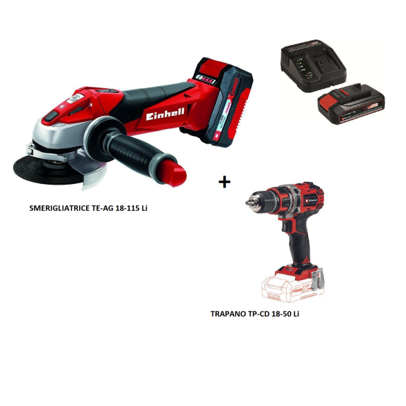 Kit Trapano a Batteria TP-CD 18/50 + Smerigliatrice TE-AG 18/115 + 2 Batterie + 2 Caricabatteria Einhell