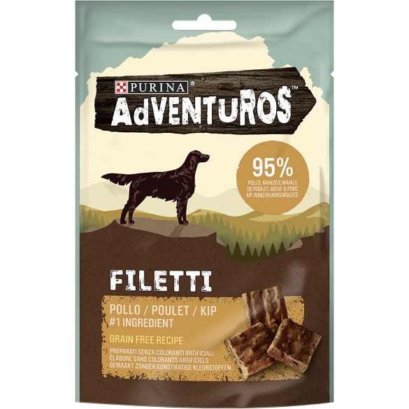 Purina Adventuros High Meat Filetti Snack Cani Ricco in Pollo, 70g