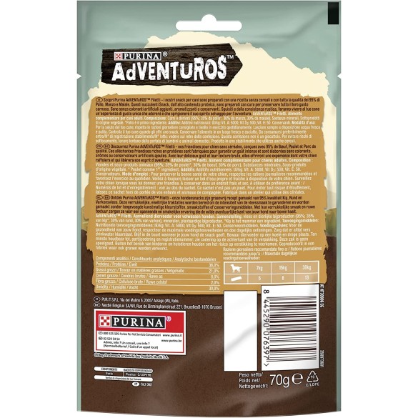 Purina Adventuros High Meat Filetti Snack Cani Ricco in Pollo, 70g
