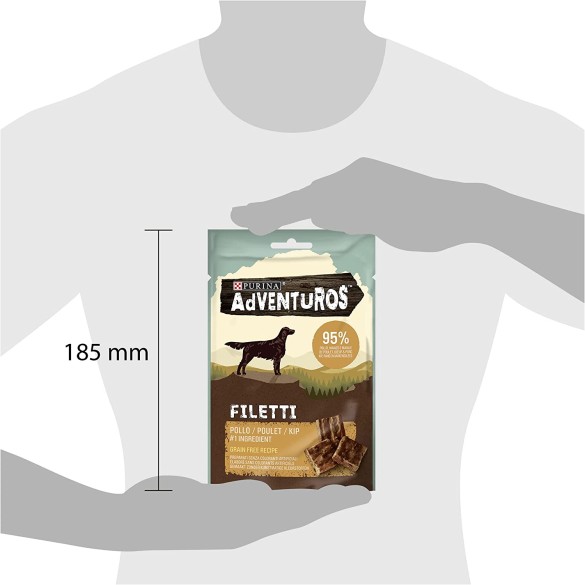 Purina Adventuros High Meat Filetti Snack Cani Ricco in Pollo, 70g
