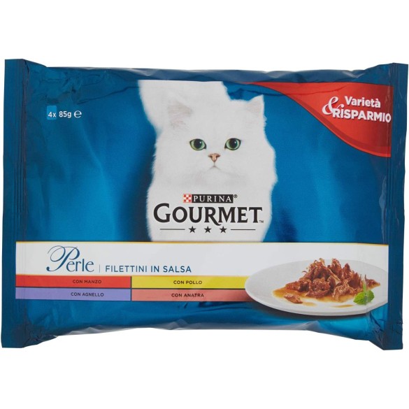 Purina Gourmet Perle Filettini in Salsa Cibo per Gatti con Manzo, Pollo, Agnello e Anatra - 4 Buste da 85 g