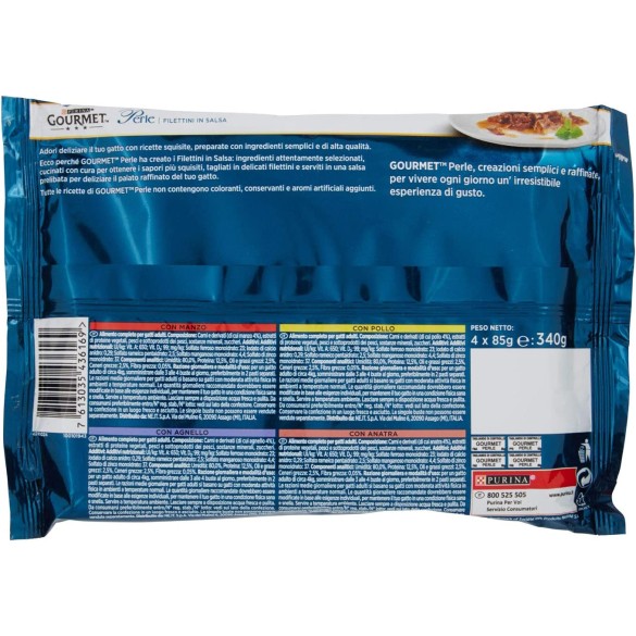 Purina Gourmet Perle Filettini in Salsa Cibo per Gatti con Manzo, Pollo, Agnello e Anatra - 4 Buste da 85 g