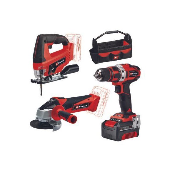 Einhell TE-TK 18/3 Li Kit (JS+CD+AG) - Kit Smerigliatrice, Trapano e Seghetto a Batteria, 1 Batteria Inclusa