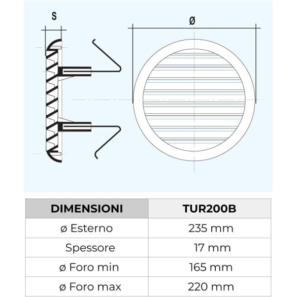 Griglia Aerazione Tonda C/Molle Rete mm 165-220 LA VENTILAZIONE