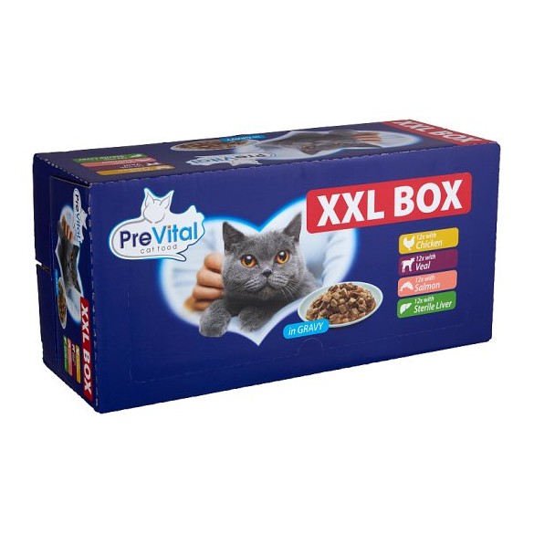 Prevital XXL Box per Gatti con Pollo, Vitello, Salmone e Fegato in Salsa da 48bstx100gr