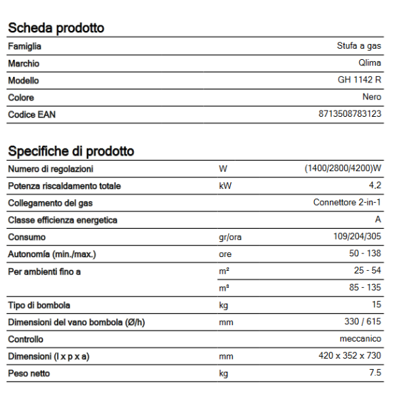 Stufa a Gas Infrarossi GH1142R QLIMA