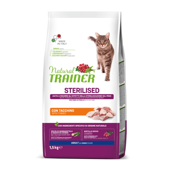 Crocchette Gatto Sterilised Carni Bianchi Tacchino 1,5 Kg Natural Trainer
