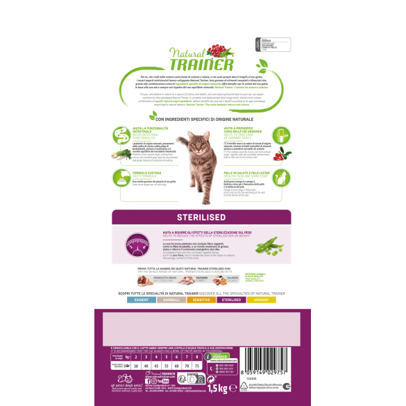 Crocchette Gatto Sterilised Carni Bianchi Tacchino 1,5 Kg Natural Trainer