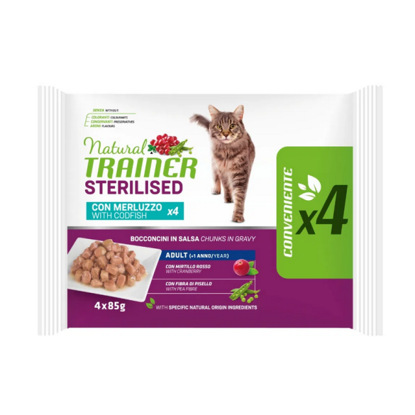 Gatto Sterilised Bocconcini Merluzzo 4x85gr Natural Trainer