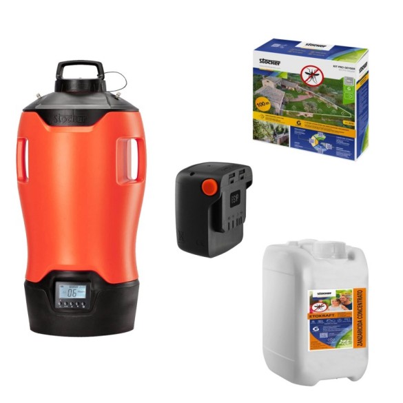 Kit Geyser con  Nebulizzatore E-25 MI + 1 batteria da 2,6 Ah + 100 mt tubo + Larvicida da 5lt Stocker
