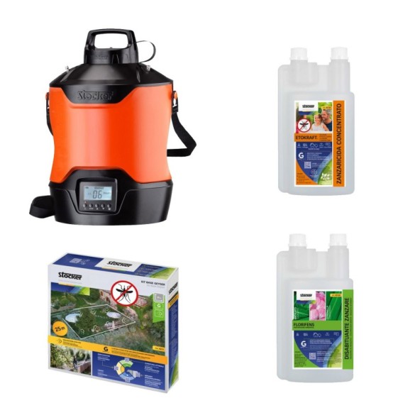 Kit Nebulizzatore Geyser 12L + Tubo da 25mt + Disabituante zanzare Florifens 1lt e Zanzaricida Etokraft Stocker