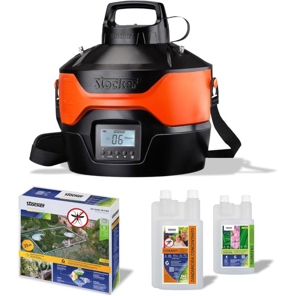 Kit Nebulizzatore Geyser Li-Ion 4 L + Tubo da 25mt + Disabituante zanzare Florifens 1lt e Zanzaricida Etokraft da 250ml Stocker