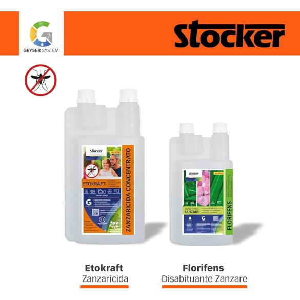 Kit Nebulizzatore Geyser Li-Ion 4 L + Tubo da 25mt + Disabituante zanzare Florifens 1lt e Zanzaricida Etokraft da 250ml Stocker
