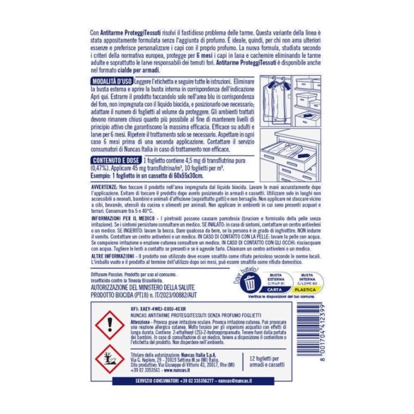 Antitarme 12 Foglietti Senza Profumo Nuncas