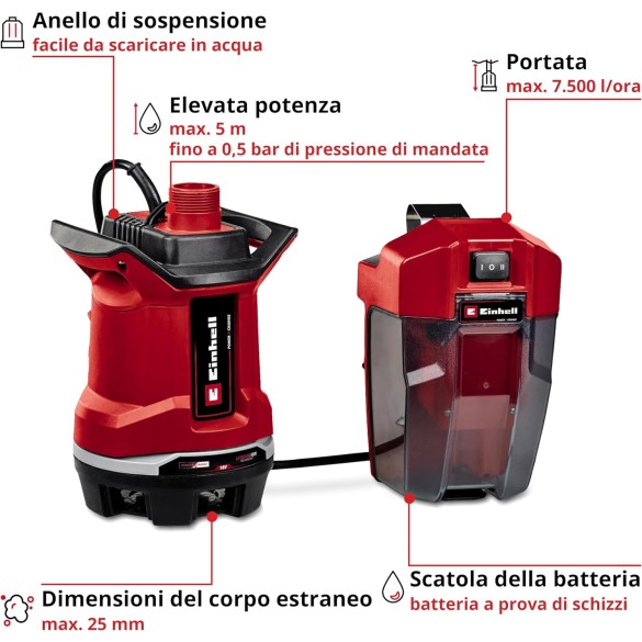 Pompa Immersione Acque Scure a Batteria GE-DP 18/25 Li - Solo Senza Batteria EINHELL