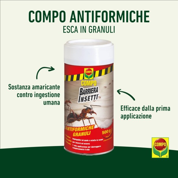 Antiformiche Granuli Barriera Insetti, Esca per Formiche, Utilizzabile all'Interno e all'Esterno, 500 Grammi COMPO