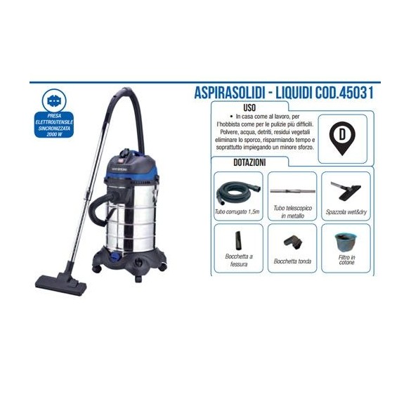 BidoneAspiratutto Hyundai 45031 per Solidi e Liquidi – Motore 1200 W –Scuotifiltro – Soffiante – Presa Utensile