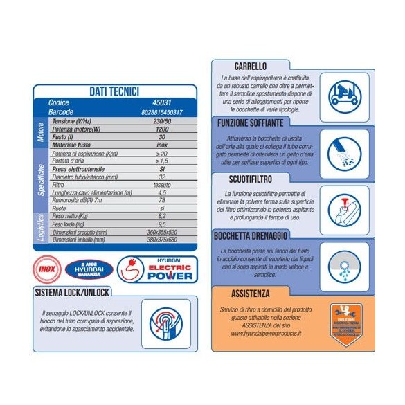 BidoneAspiratutto Hyundai 45031 per Solidi e Liquidi – Motore 1200 W –Scuotifiltro – Soffiante – Presa Utensile