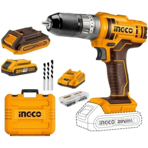 Trapano Avvitatore 20V con 2 Batterie + 47 Accessori INGCO