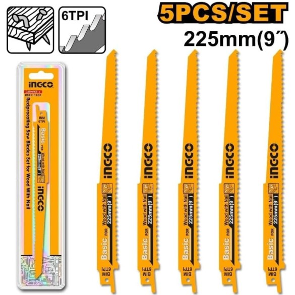 SET 5 Lame Ricambio Per Legno 6TPI Per Seghetto Gattuccio INGCO