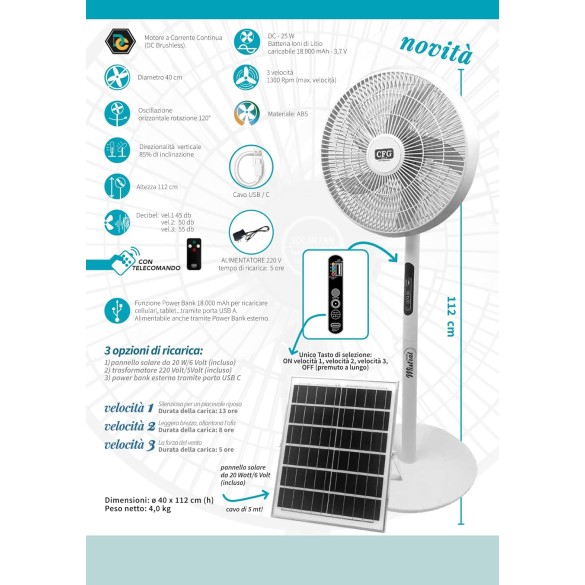 Ventilatore a Piantana DC e Solare Mistral EV121 CFG