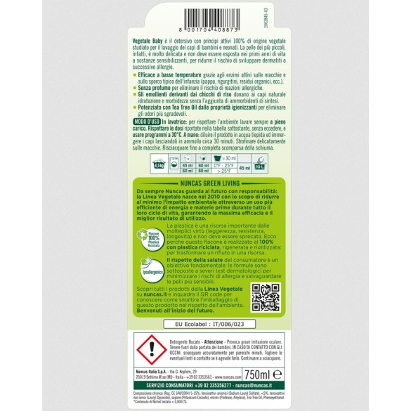 Detergente Vegetale  Specifico Baby Indumenti bambini e neonati - 750ml Nuncas
